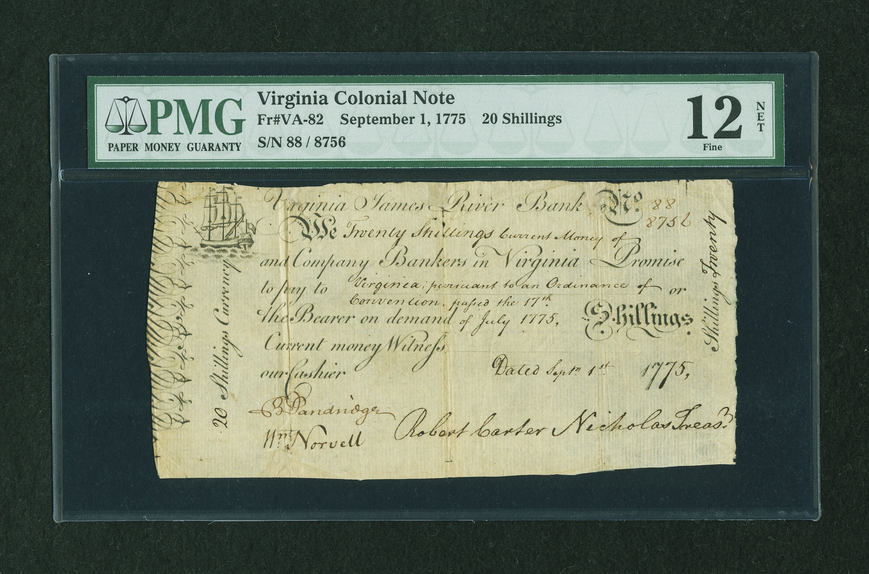 image for: Virginia September 1, 1775 20s PMG Fine 12 NET....