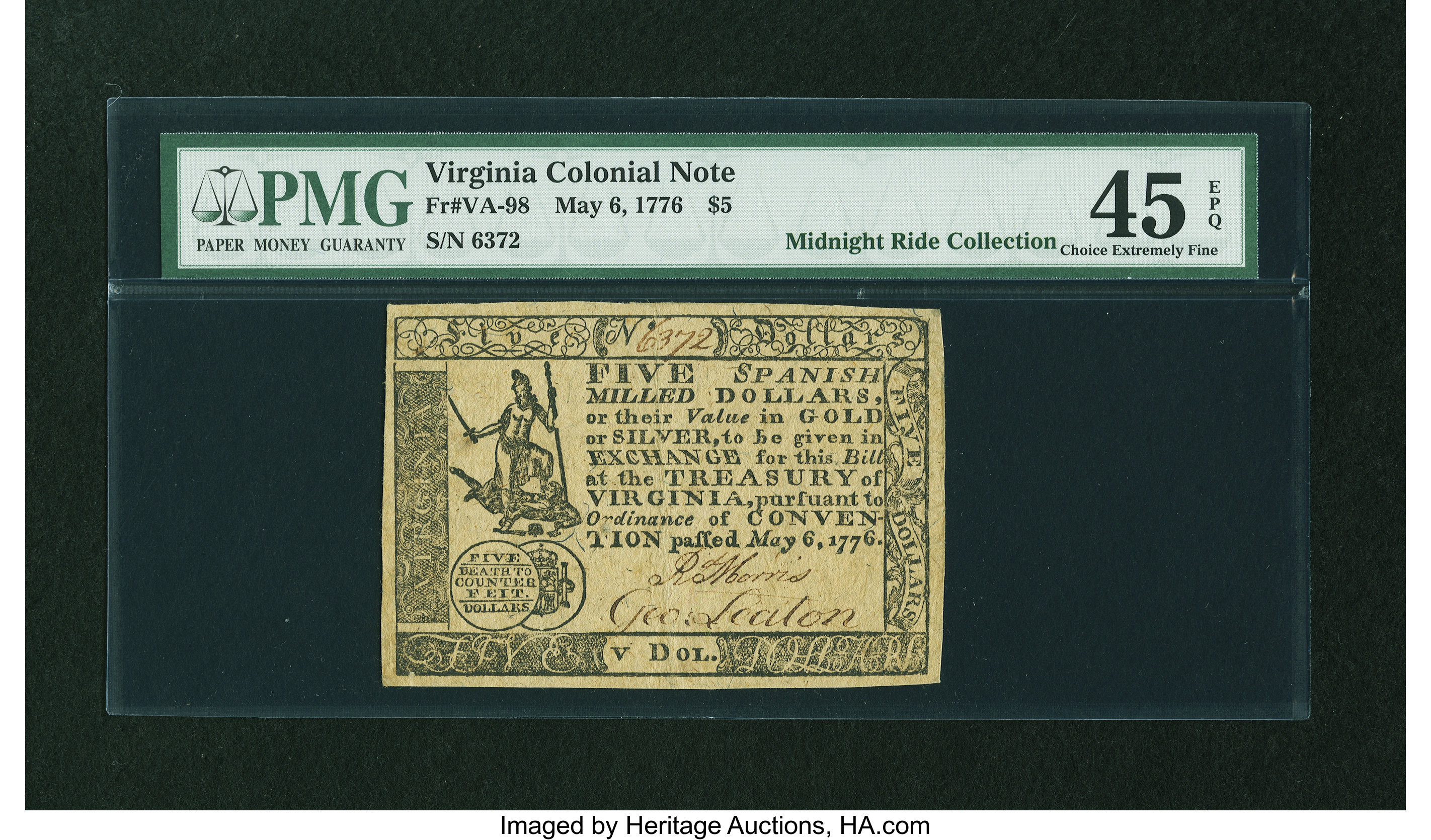 image for: Virginia May 6, 1776 $5 PMG Choice Extremely Fine 45 EPQ....