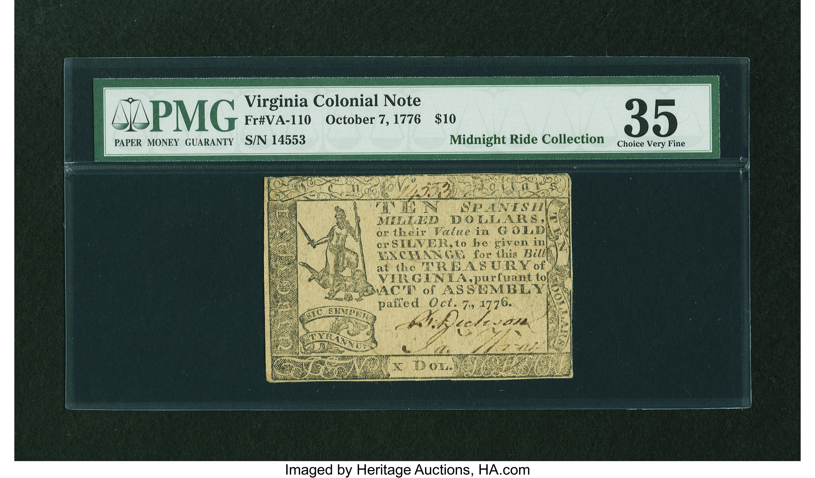 image for: Virginia October 7, 1776 $10 PMG Choice Very Fine 35....