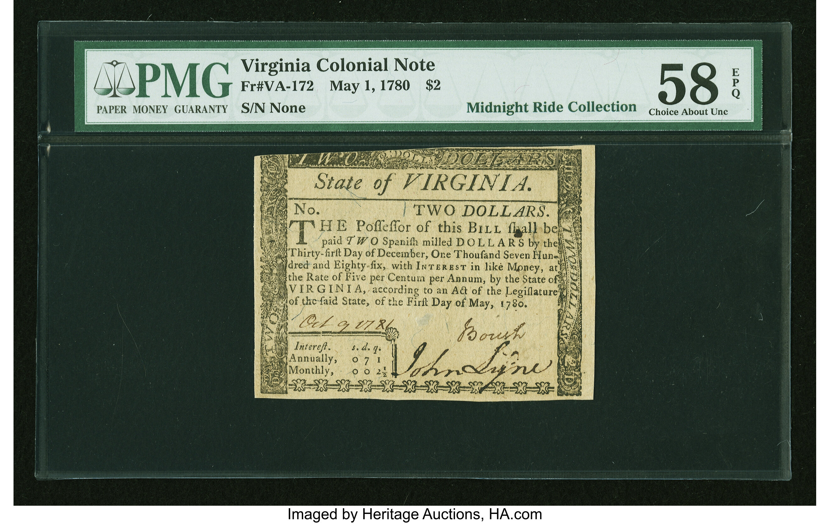 image for: Virginia May 1, 1780 $2 PMG Choice About Unc 58 EPQ....