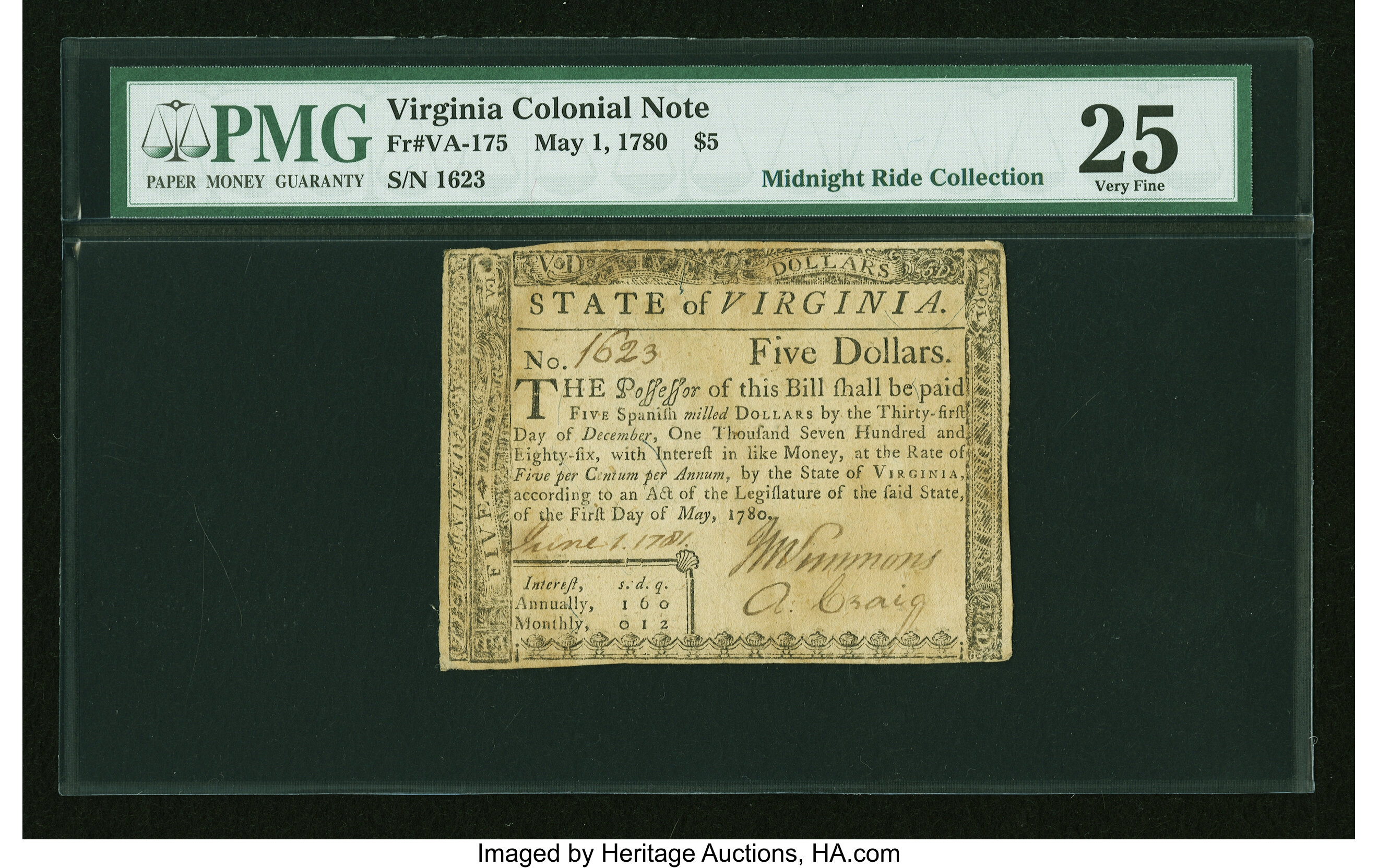 image for: Virginia May 1, 1780 $5 PMG Very Fine 25....