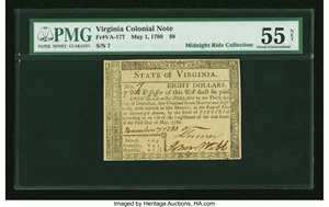 image for: Virginia May 1, 1780 $8 PMG About Uncirculated 55 NET....