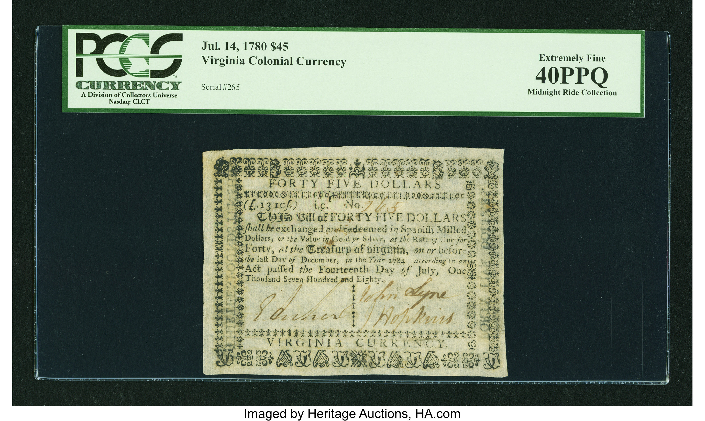 image for: Virginia July 14, 1780 $45 PCGS Extremely Fine 40PPQ....