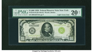 image for: Fr. 2210-B $1000 1928 Light Green Seal. Federal Reserve Note. PMG Very Fine 20 Net....