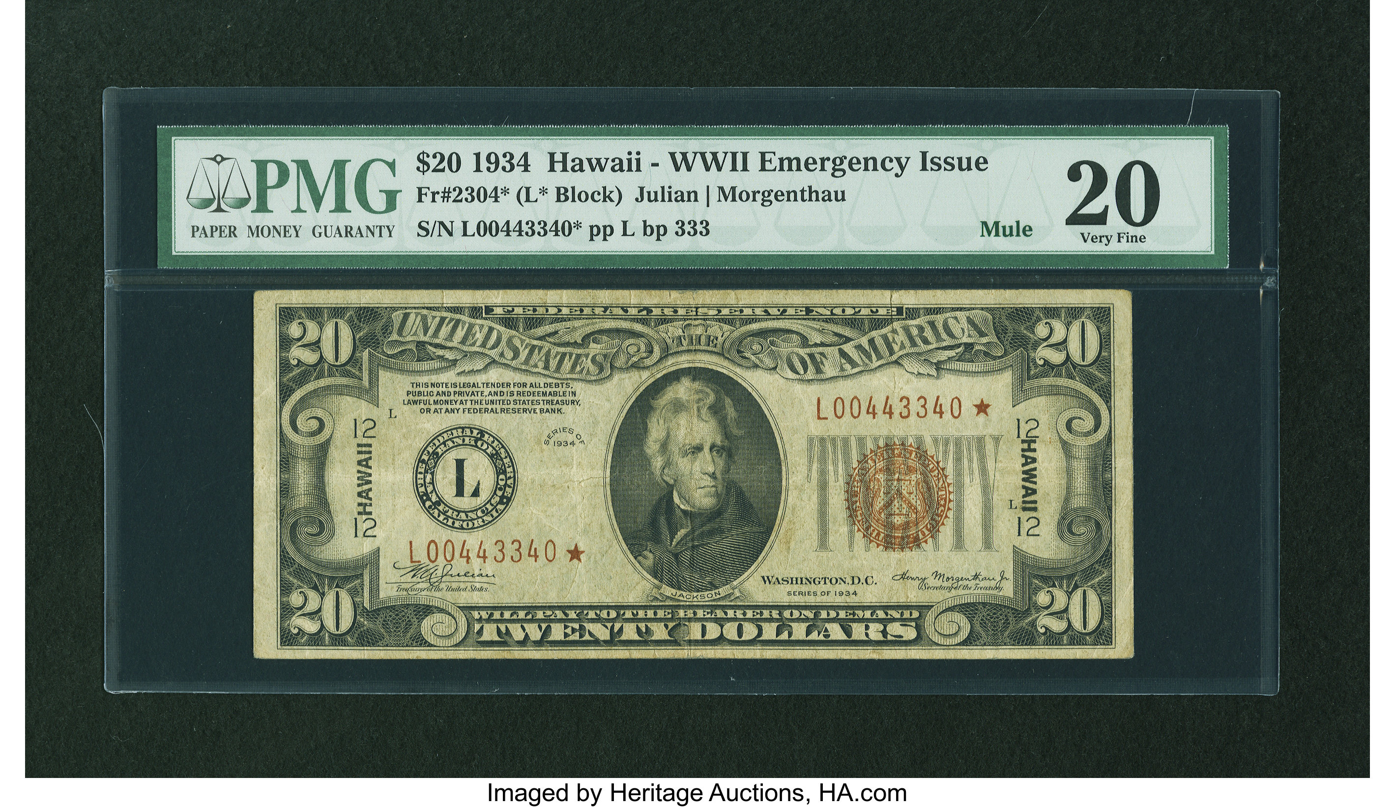 image for: Fr. 2304* $20 1934 Mule Hawaii Federal Reserve Note. PMG Very Fine 20....