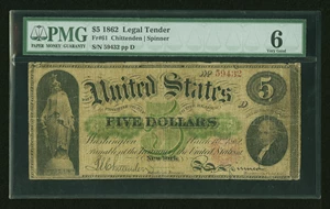 image for: Fr. 61 $5 1862 Legal Tender PMG Good 6....