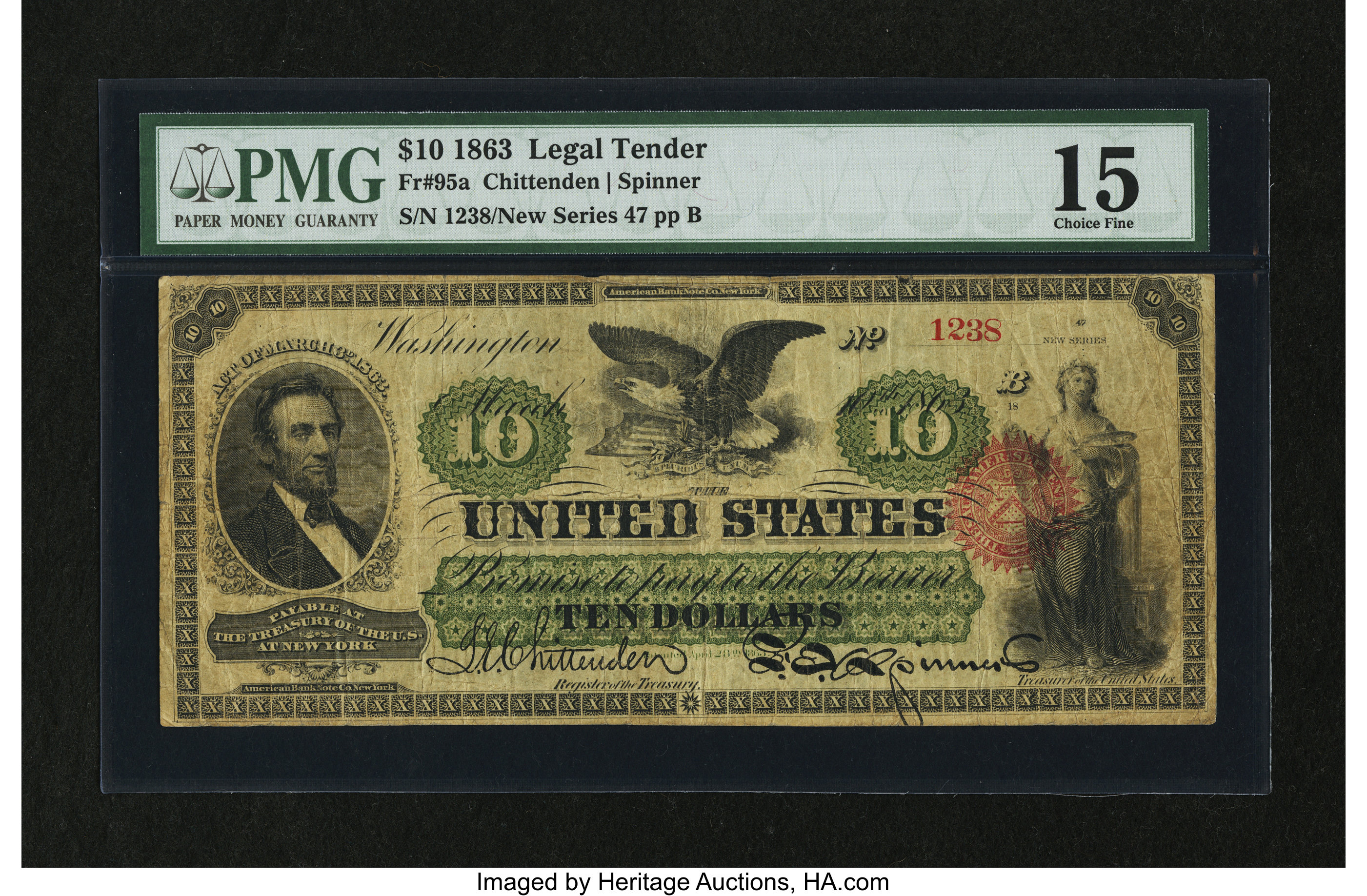image for: Fr. 95a $10 1863 Legal Tender PMG Choice Fine 15....