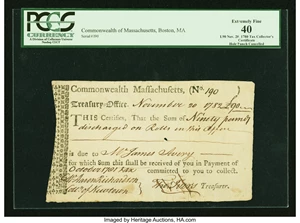 image for: Commonwealth of Massachusetts November 20, 1782 £90 Treasury Tax Collector's Certificate PCGS Extremely Fine 40, Hole Punch Ca...