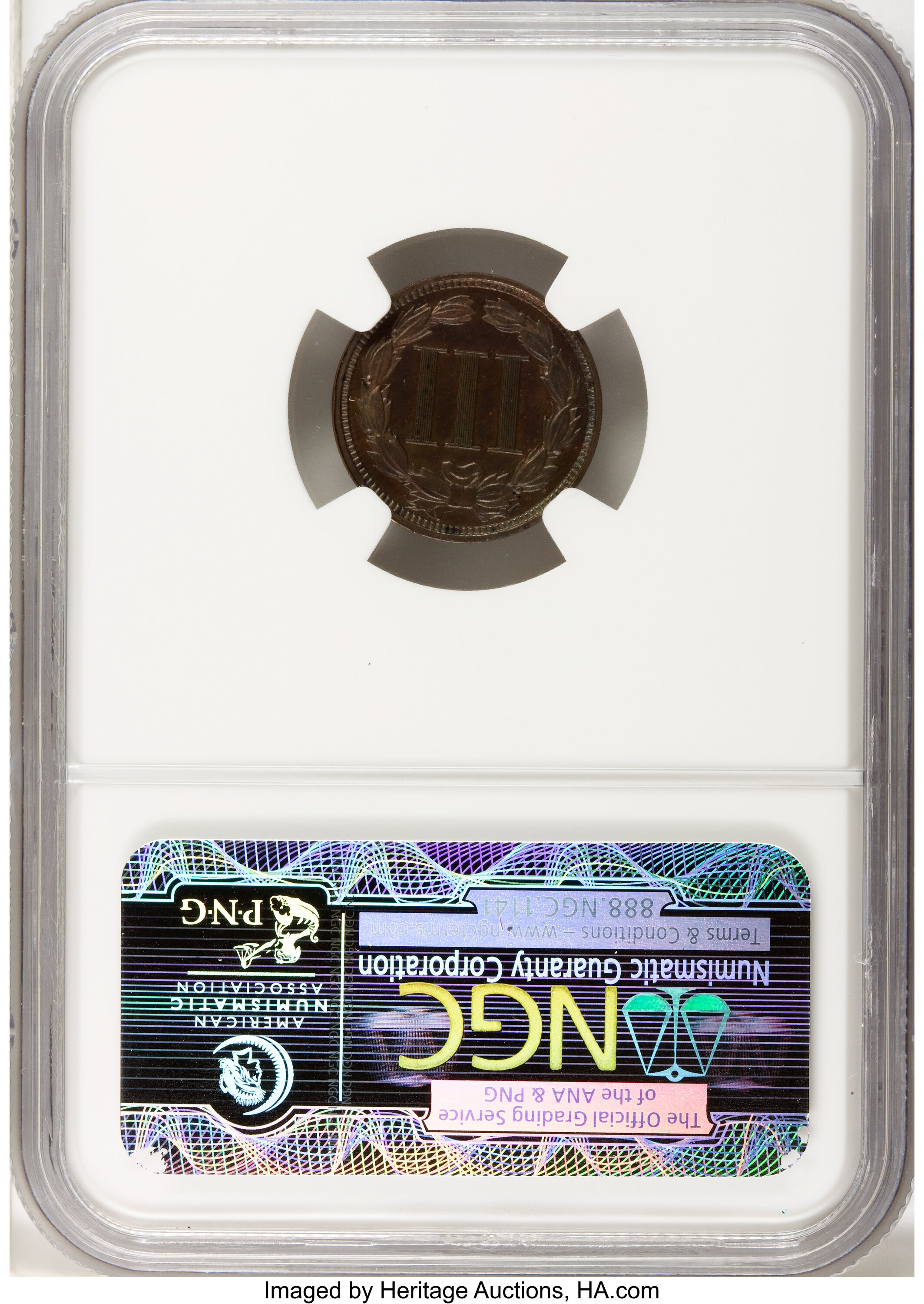 image for: 1865 3C Three Cent Nickel, Judd-413, Pollock-484, R.5, PR65 Brown NGC....