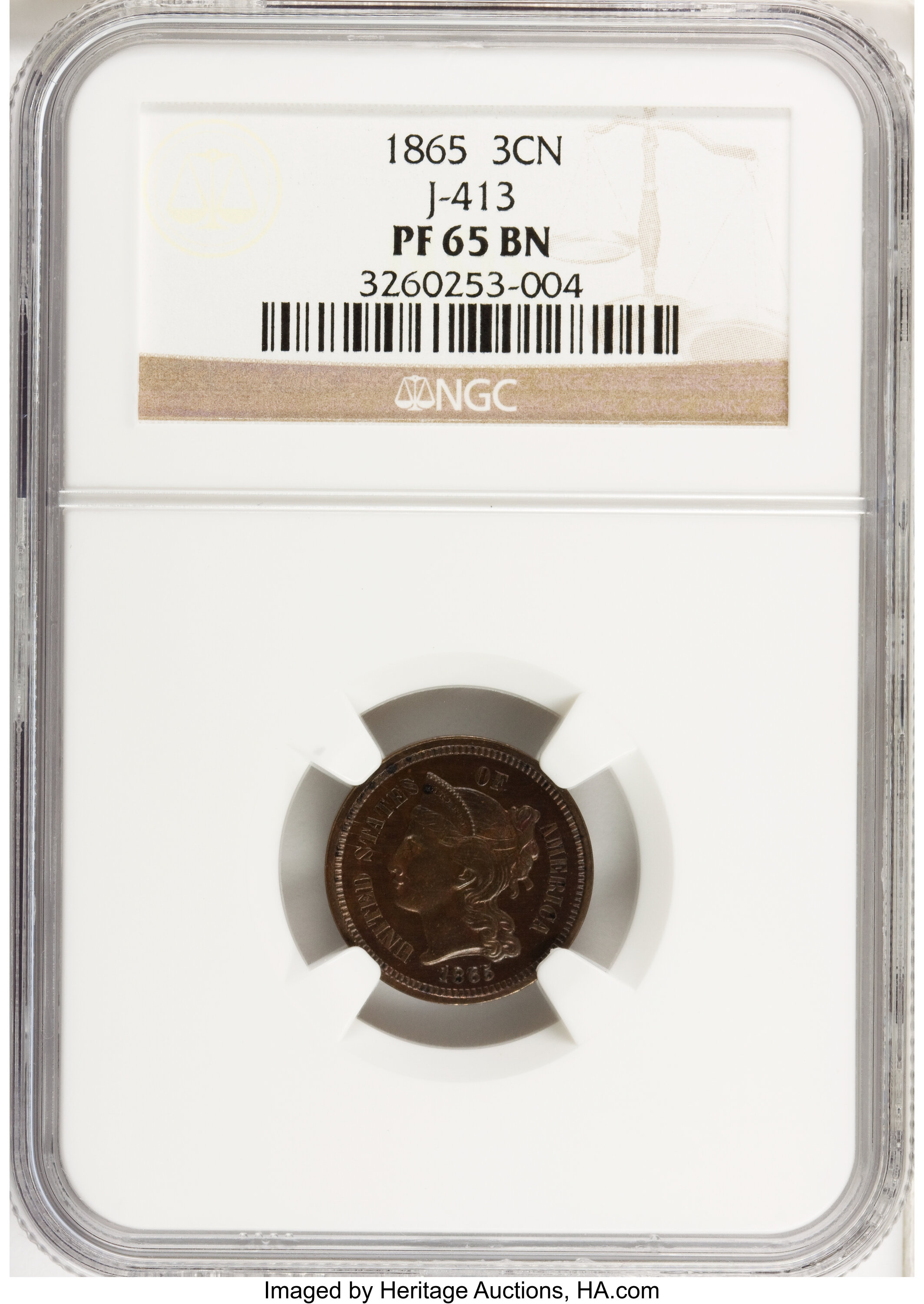 image for: 1865 3C Three Cent Nickel, Judd-413, Pollock-484, R.5, PR65 Brown NGC....