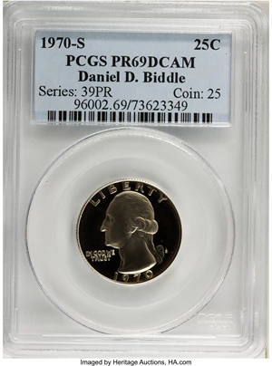 image for: 1970-S 25C PR69 Deep Cameo PCGS. Ex:Daniel D. Biddle. PCGS Population (31/0). NGC Census: (0/0). (#96002)...