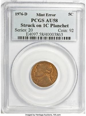 image for: 1976-D 5C Nickel--Struck on a Cent Planchet--AU58 PCGS.From The Victoria Collection....