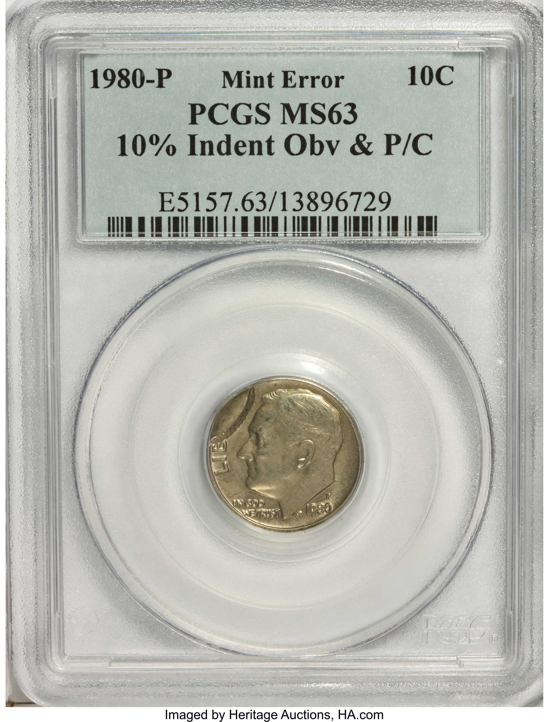 image for: 1980-P 10C Roosevelt Dimes 10% Indent Obv & P/C MS63 PCGS. PCGS Population (4/155). NGC Census: (0/62). Mintage: 735,169,98...