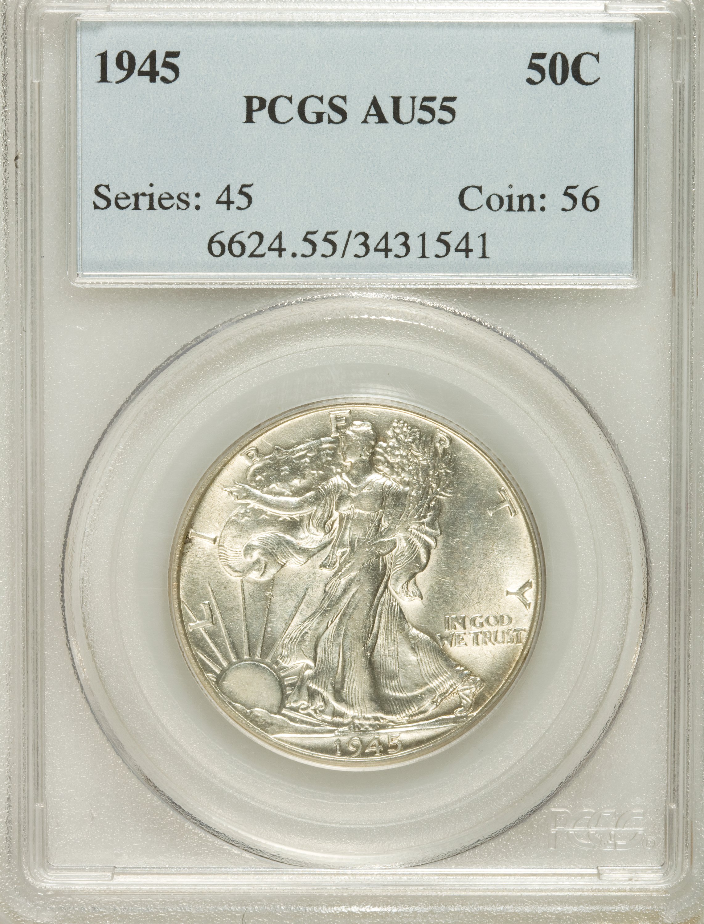 1945 50C AU55 PCGS. PCGS Population (108/14761). NGC Census: (45/9856). Mintage: 31,502,000. Numismedia Wsl. Price for NGC/...