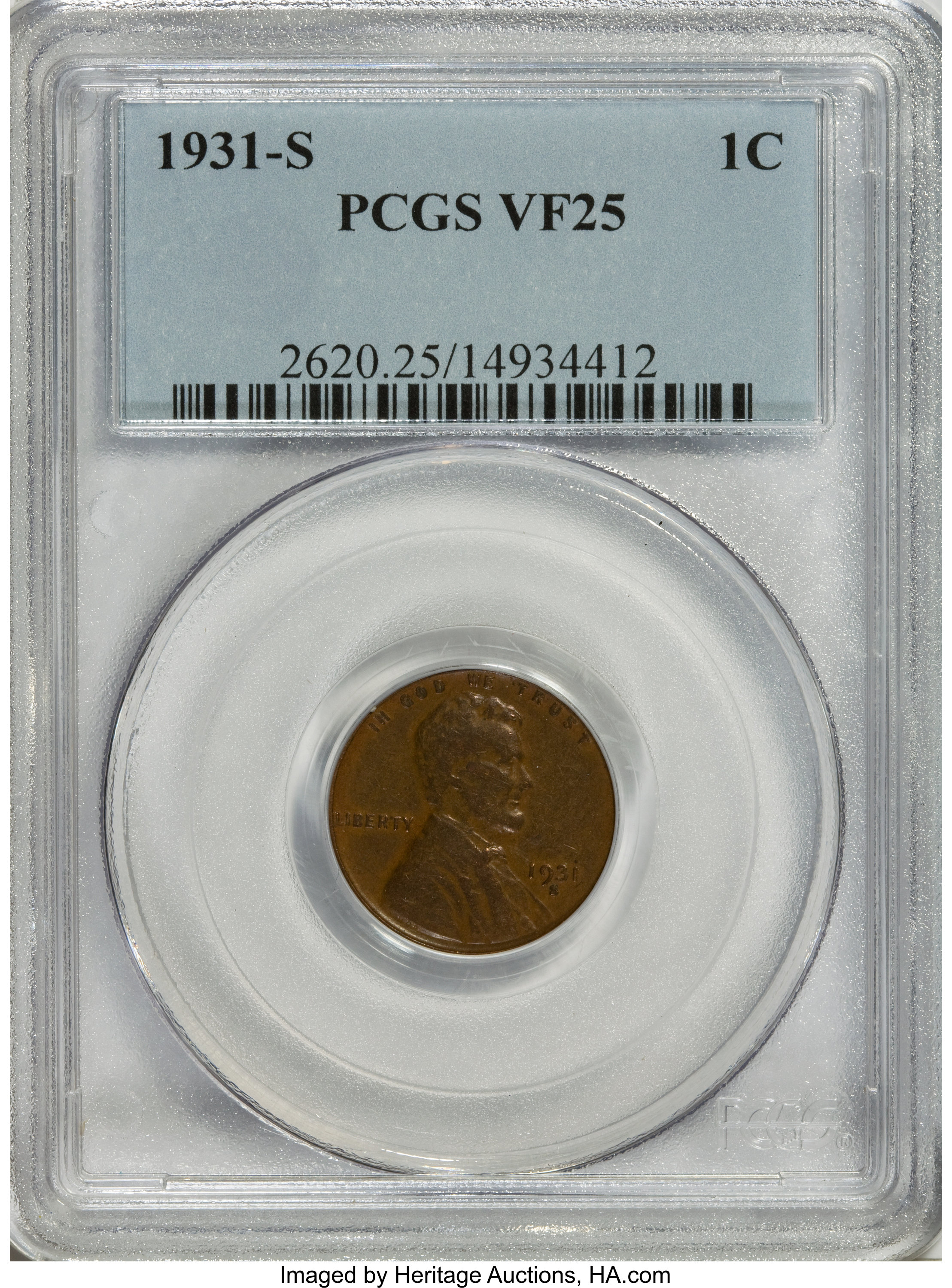 1931-S 1C VF25 PCGS. PCGS Population (2/2080). NGC Census: (0/0). Mintage: 866,000. (#2620)...