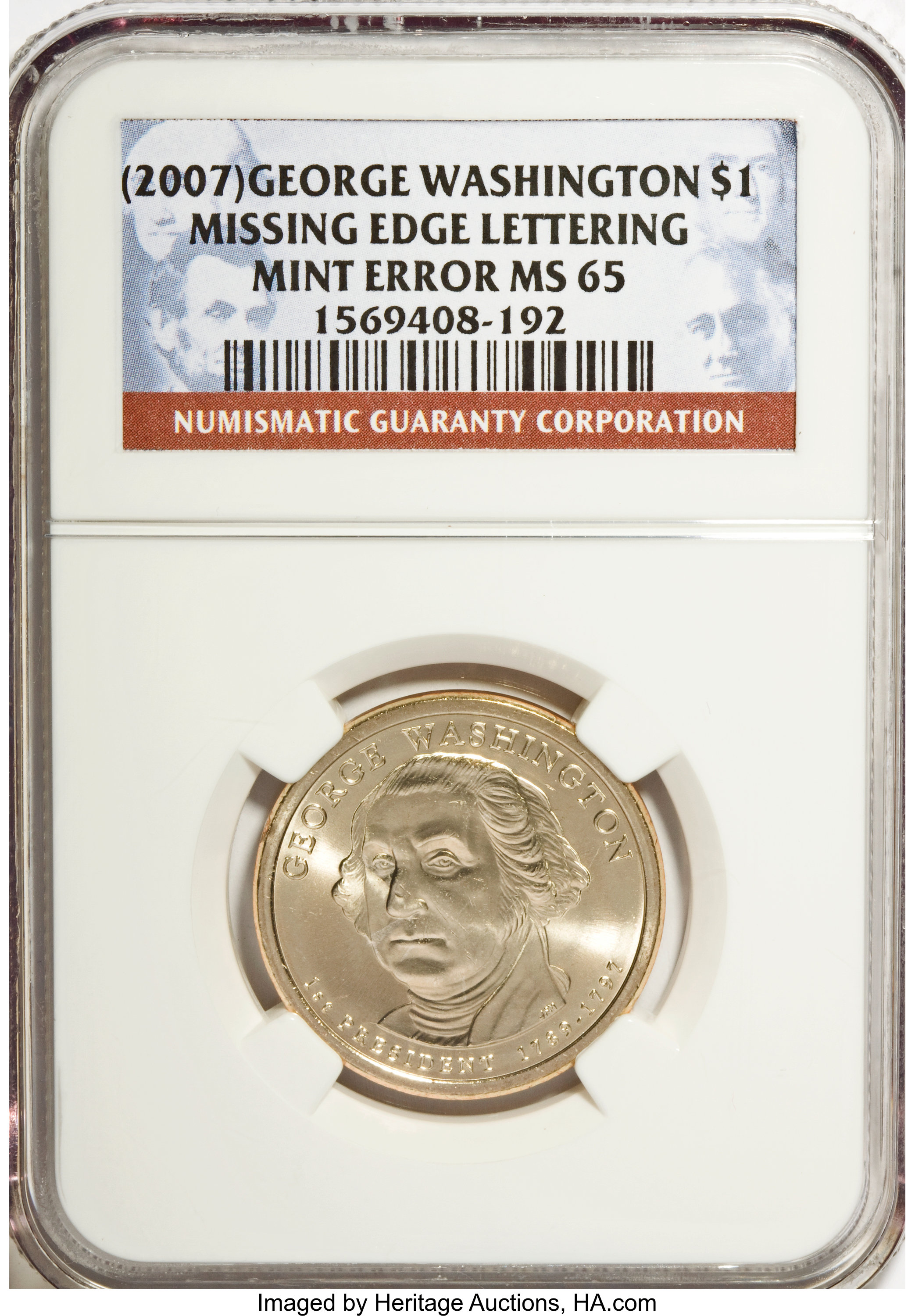 image for: 2007 $1  George Washington Dollar Missing Edge Lettering Satin Finish MS65 NGC....