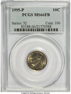 image for: 1995-P 10C MS66 Full Bands PCGS. PCGS Population (8/11). NGC Census: (0/0). Mintage: 1,125,500,032. (#85188)...