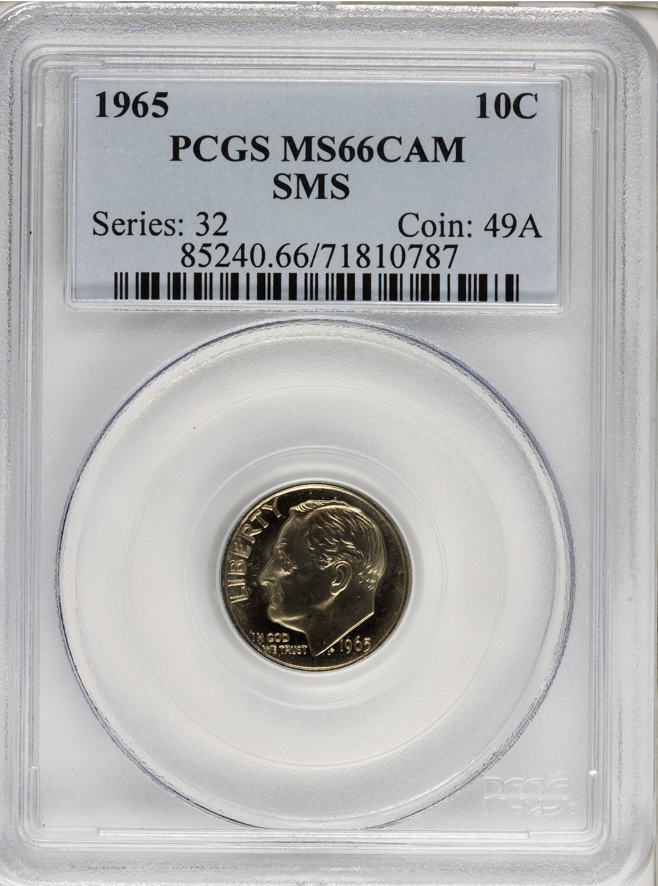 image for: 1965 10C SMS MS66 Cameo PCGS. PCGS Population (27/63). NGC Census: (14/31).   (#85240)...