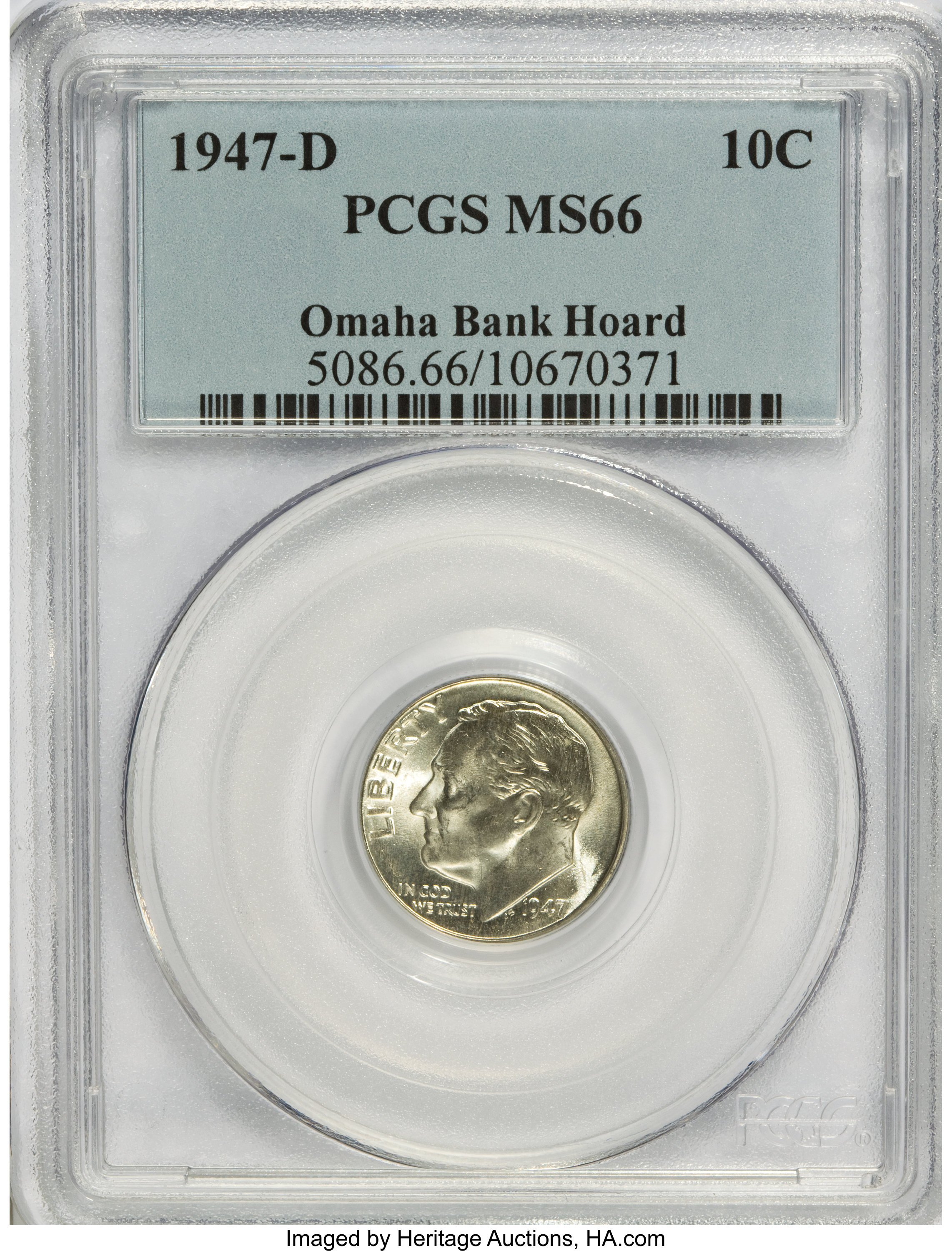 1947-D 10C MS66 PCGS. Ex:Omaha Bank Hoard. PCGS Population (923/61). NGC Census: (511/329). Mintage: 46,835,000. Numismedia...