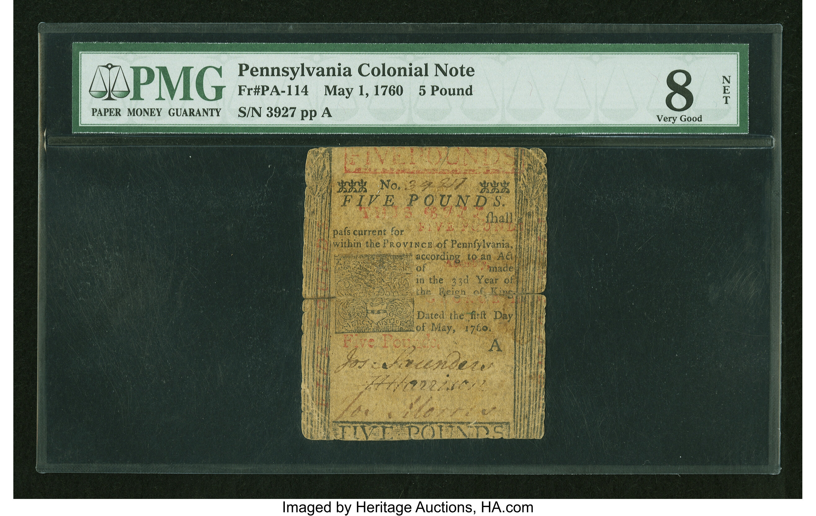 image for: Pennsylvania May 1, 1760 £5 PMG Very Good 8 Net....