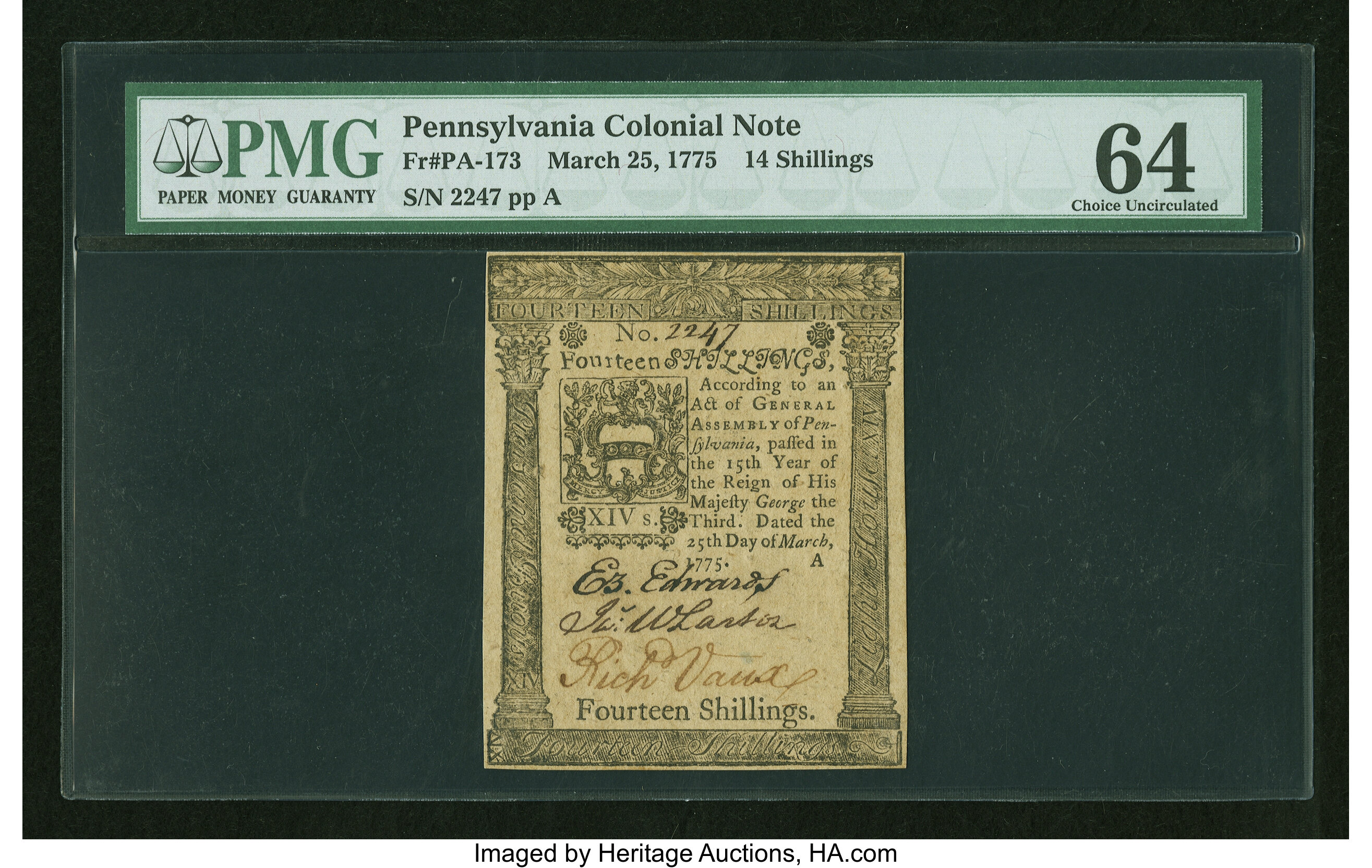 image for: Pennsylvania March 25, 1775 14s PMG Choice Uncirculated 64....