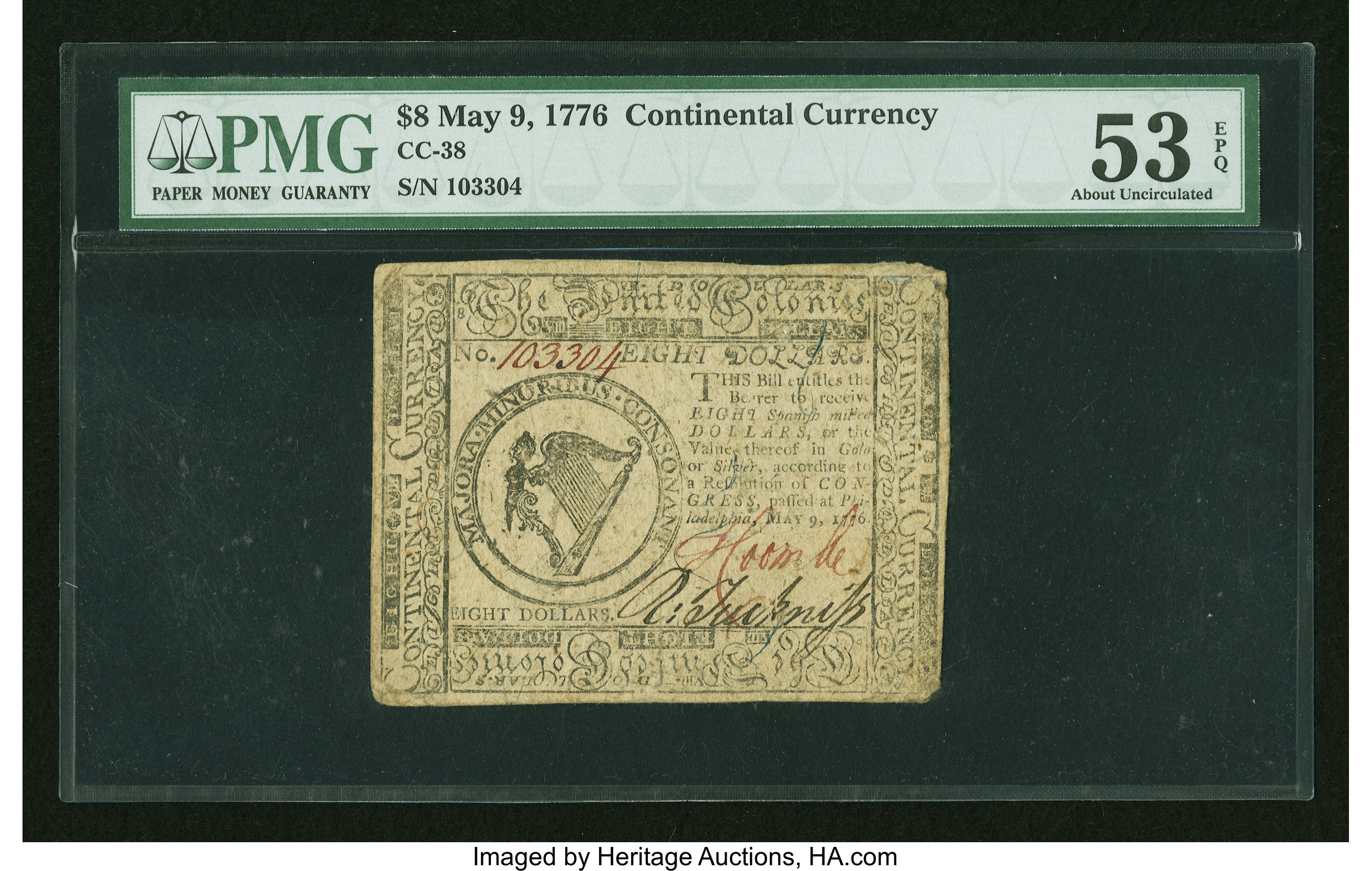 image for: Continental Currency May 9, 1776 $8 PMG About Uncirculated 53 EPQ....