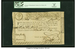image for: Massachusetts 6% Treasury Certificate £25 July 20, 1779 PCGS Very Fine 35, Pen Cancelled....