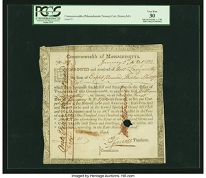 image for: Massachusetts Jan. 1, 1782 £8,13s,11d Six Percent Treasury Certificate. PCGS Very Fine 30, HOC....