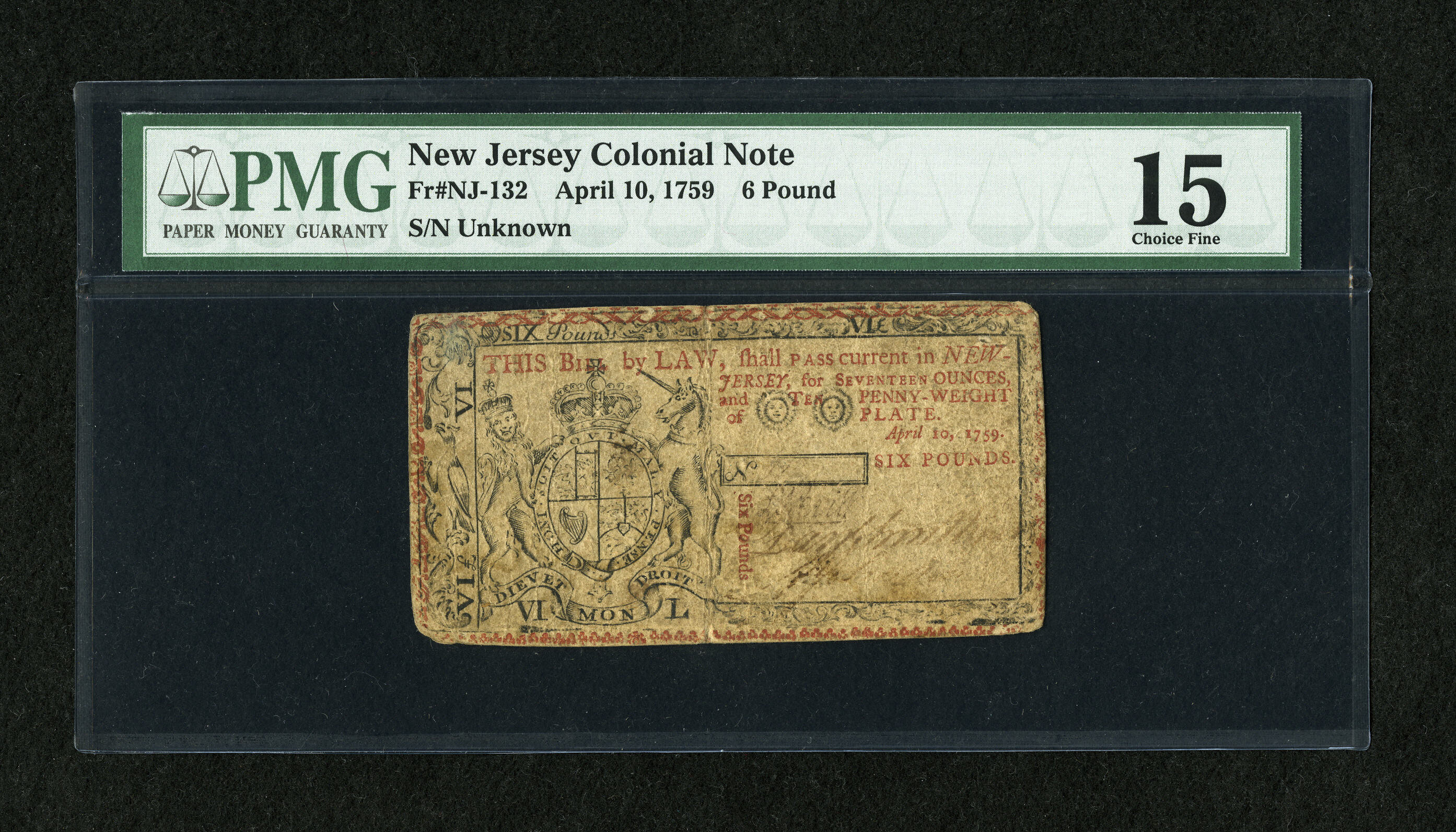 image for: New Jersey April 10, 1759 £6 PMG Choice Fine 15....