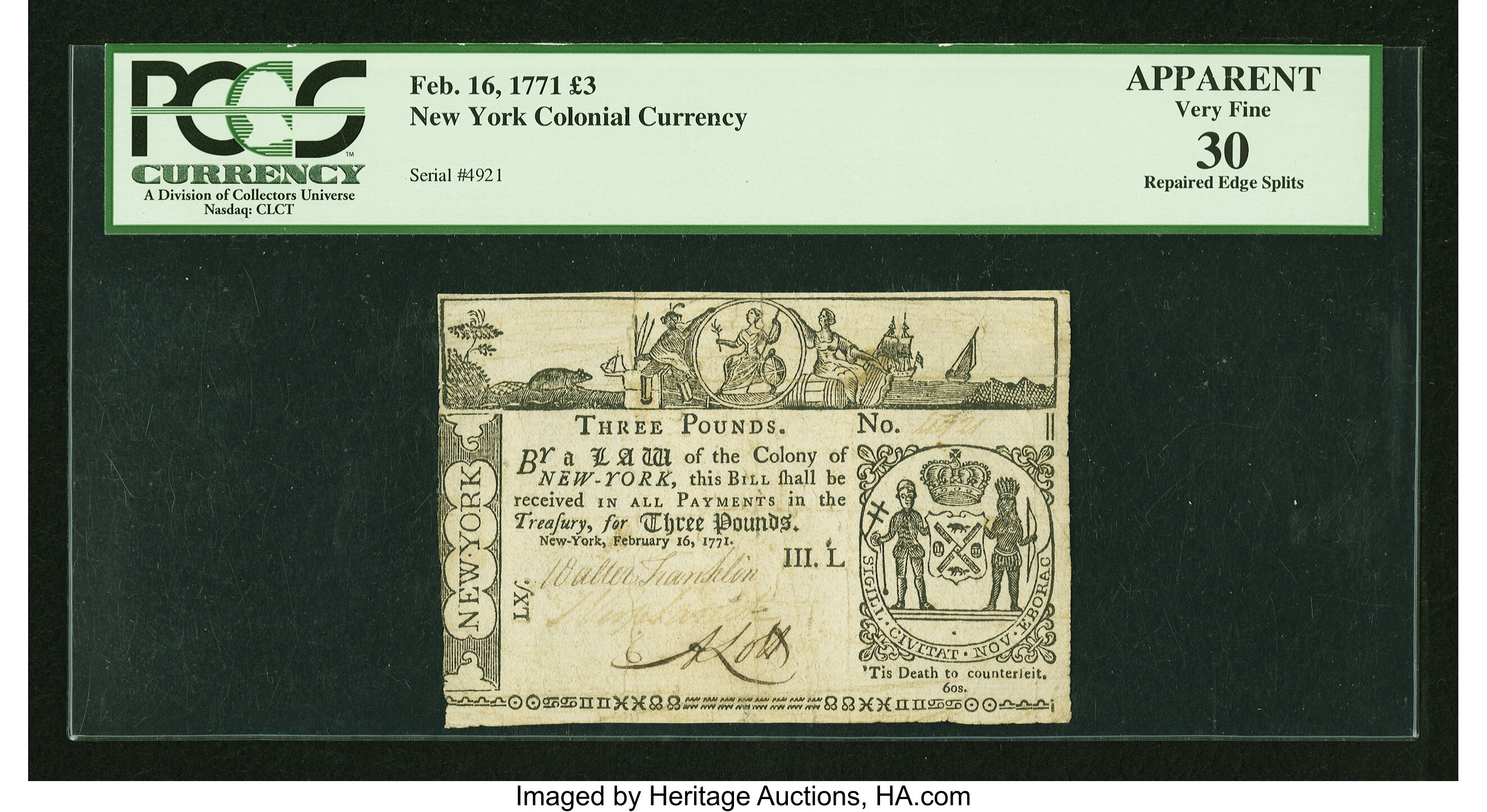 image for: New York February 16, 1771 £3 PCGS Apparent Very Fine 30....