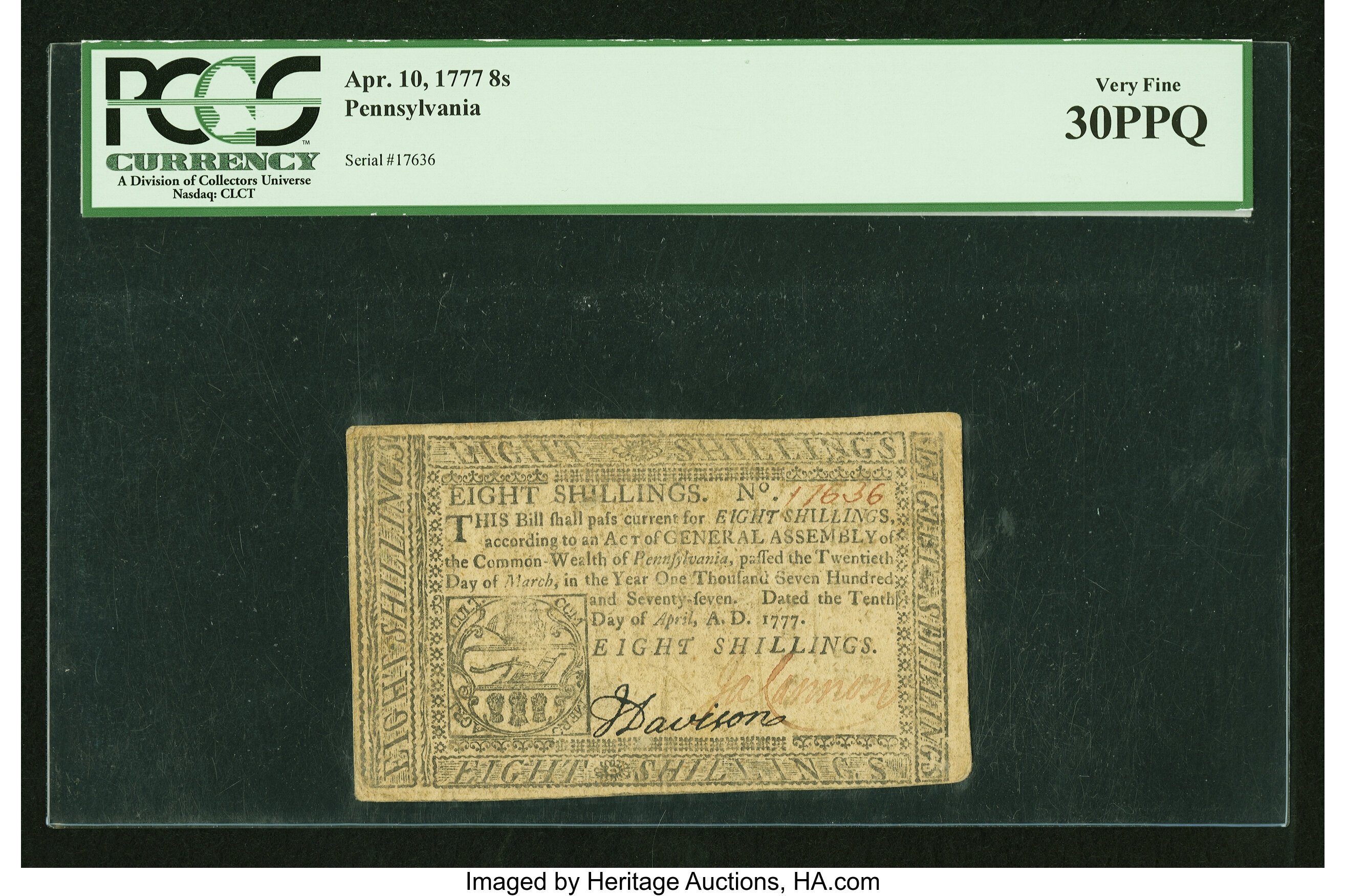 image for: Pennsylvania April 10, 1777 8s PCGS Very Fine 30PPQ....