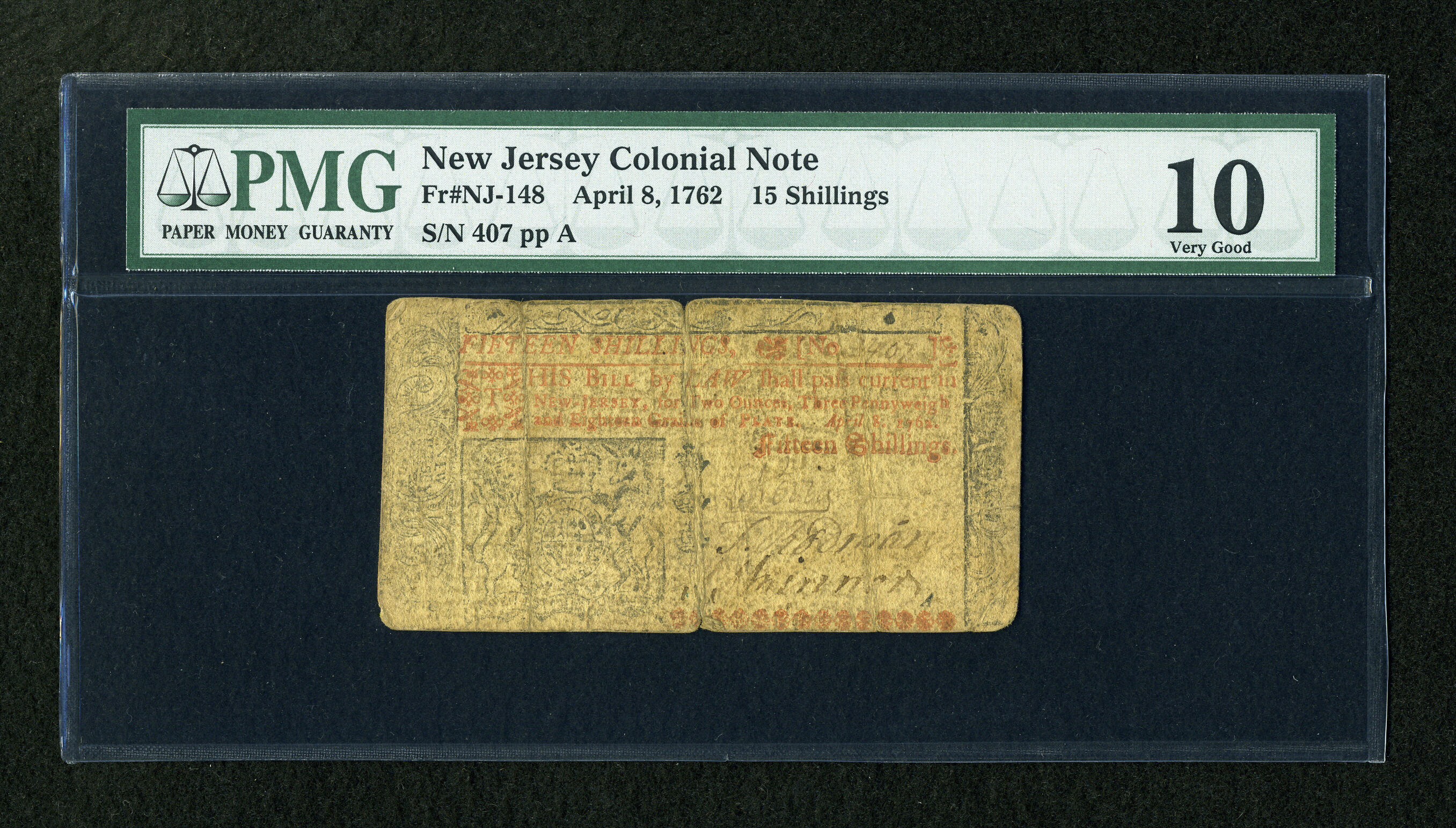 image for: New Jersey April 8, 1762 15s PMG Very Good 10....