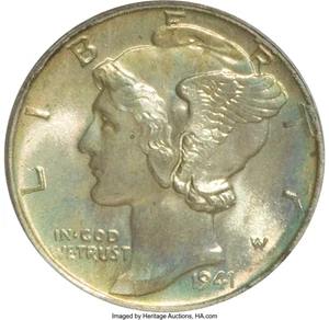 image for: 1941 10C MS68 PCGS. PCGS Population (4/0). NGC Census: (2/0). Mintage: 175,106,560. Numismedia Wsl. Price for NGC/PCGS coin...
