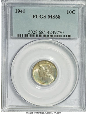 image for: 1941 10C MS68 PCGS. PCGS Population (4/0). NGC Census: (2/0). Mintage: 175,106,560. Numismedia Wsl. Price for NGC/PCGS coin...