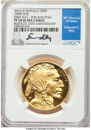 image for: 2016-W $50 One-Ounce Gold Buffalo, Tenth Anniversary, First Day of Issue Philadelphia, Moy signature, PR70 Ultra Cameo NGC....