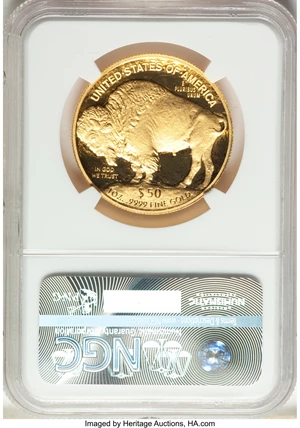 image for: 2016-W $50 One-Ounce Gold Buffalo, Tenth Anniversary, First Day of Issue Philadelphia, Moy signature, PR70 Ultra Cameo NGC....