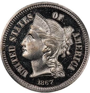 image for: 3CN 1867 PCGS PR64 DCAM CAC