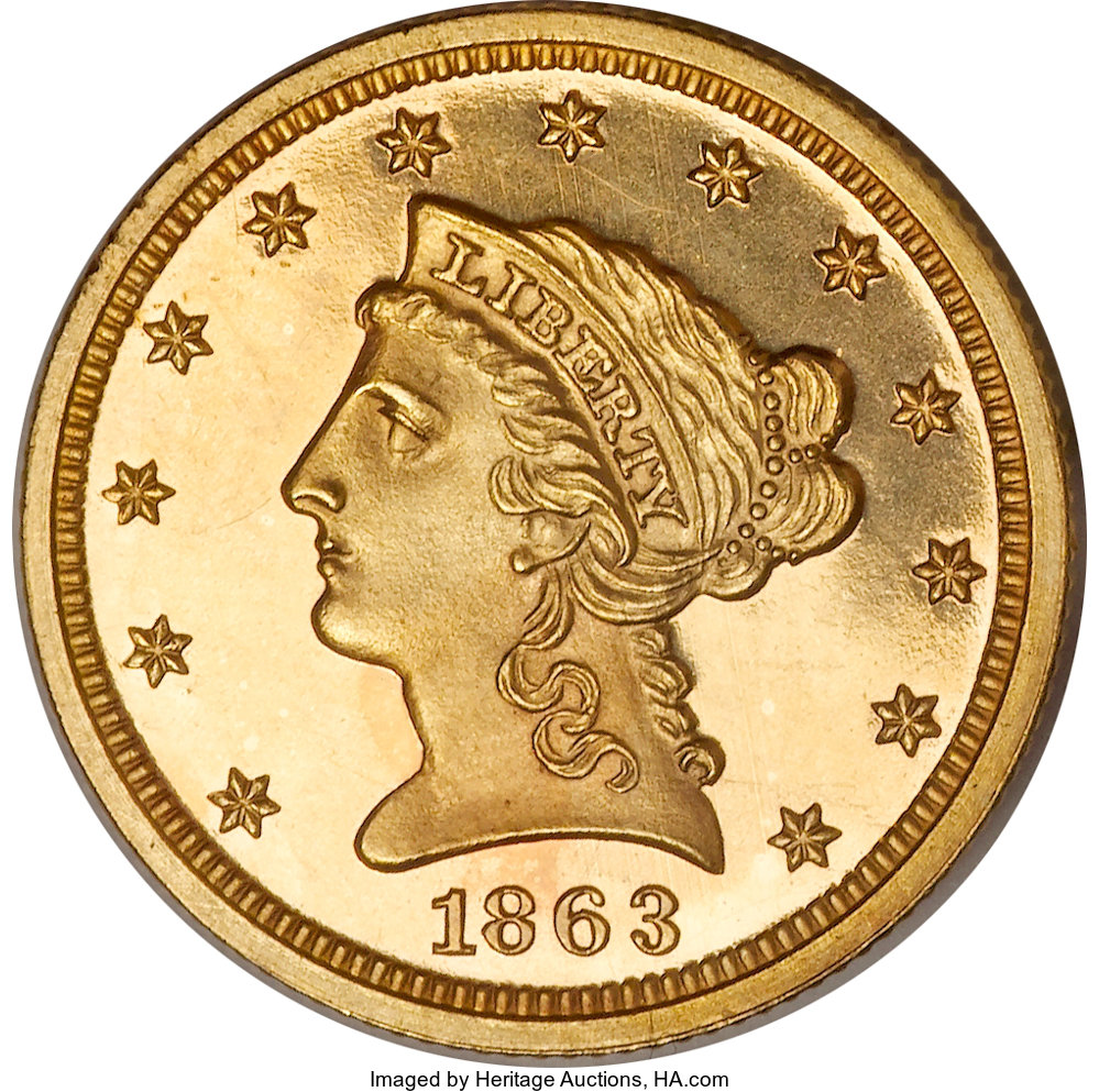 image for: 1863 $2 1/2 PR63 Cameo NGC....