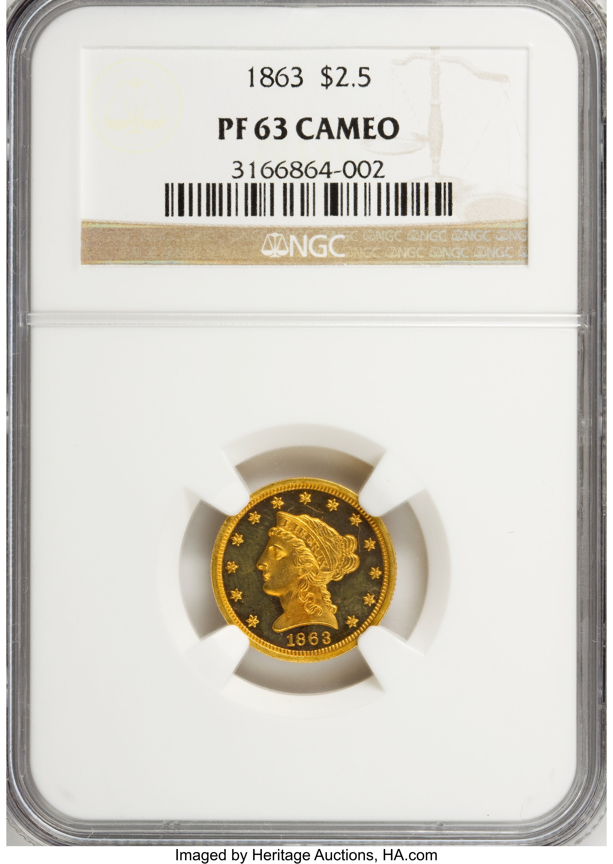 image for: 1863 $2 1/2 PR63 Cameo NGC....