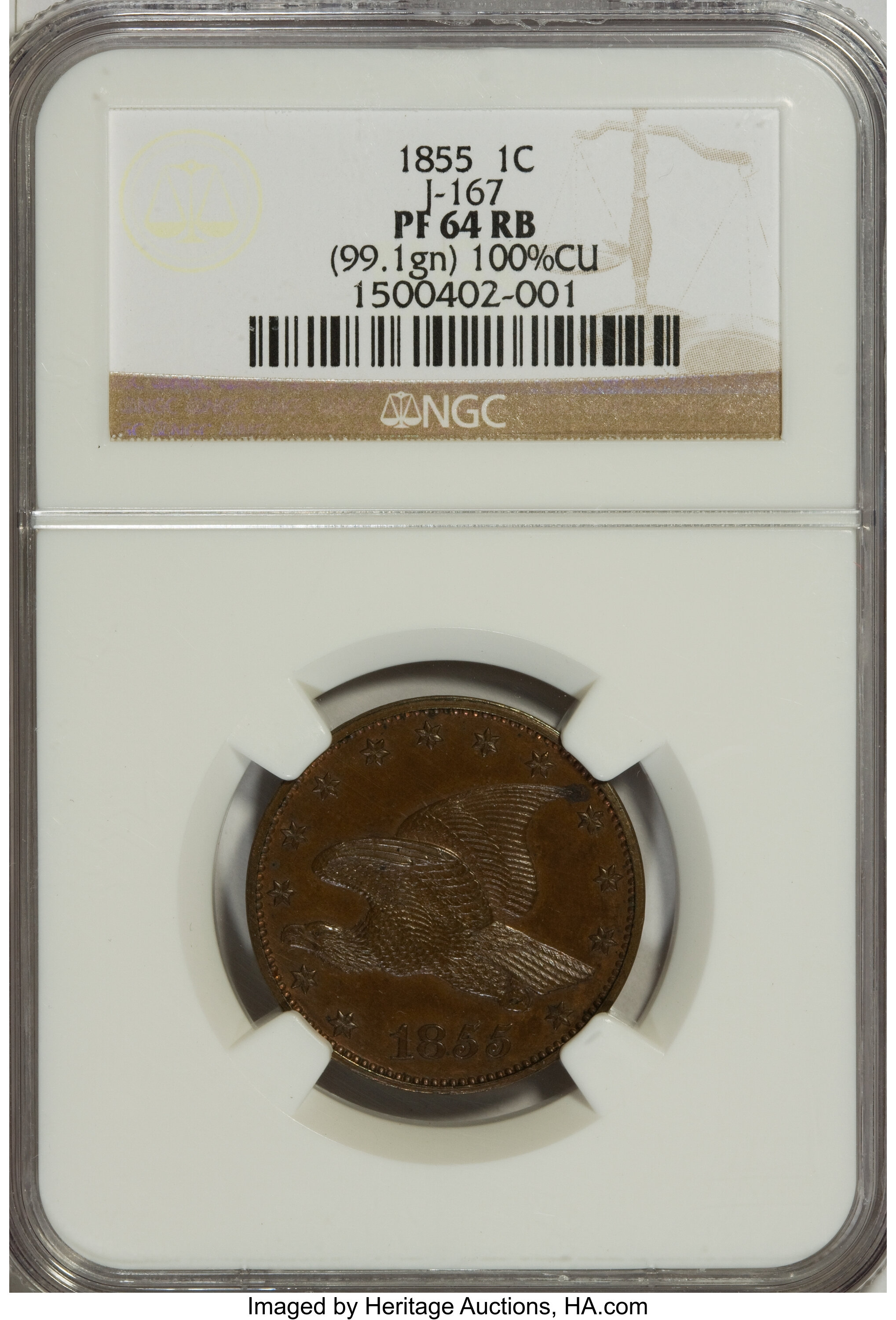image for: 1855 P1C Flying Eagle Cent, Judd-167 Original, Pollock-193, R.5, PR64 Red and Brown NGC....