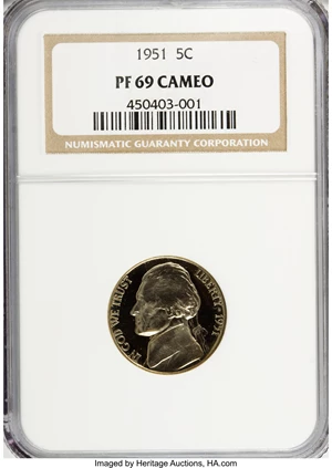 image for: 1951 5C PR69 Cameo NGC. NGC Census: (14/0). PCGS Population (0/0). Numismedia Wsl. Price for NGC/PCGS coin in PR69: $1,000...