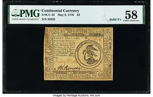 image for: Solid 3 Serial Number Continental Currency May 9, 1776 $3 PMG Choice About Unc 58....