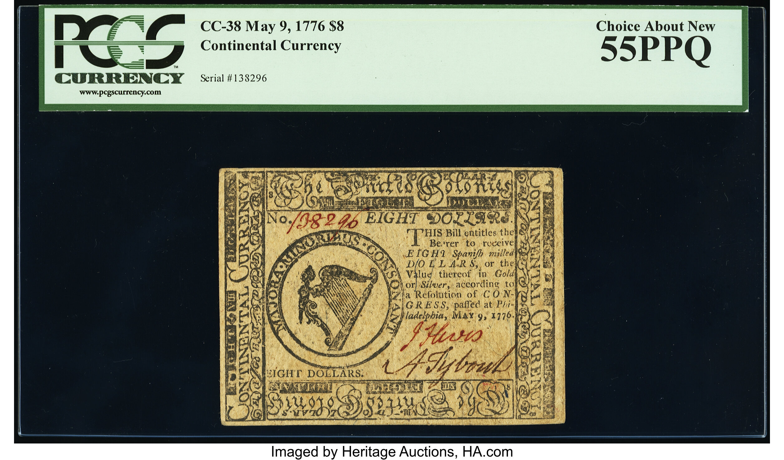 image for: Continental Currency May 9, 1776 $8 PCGS Choice About New 55PPQ....