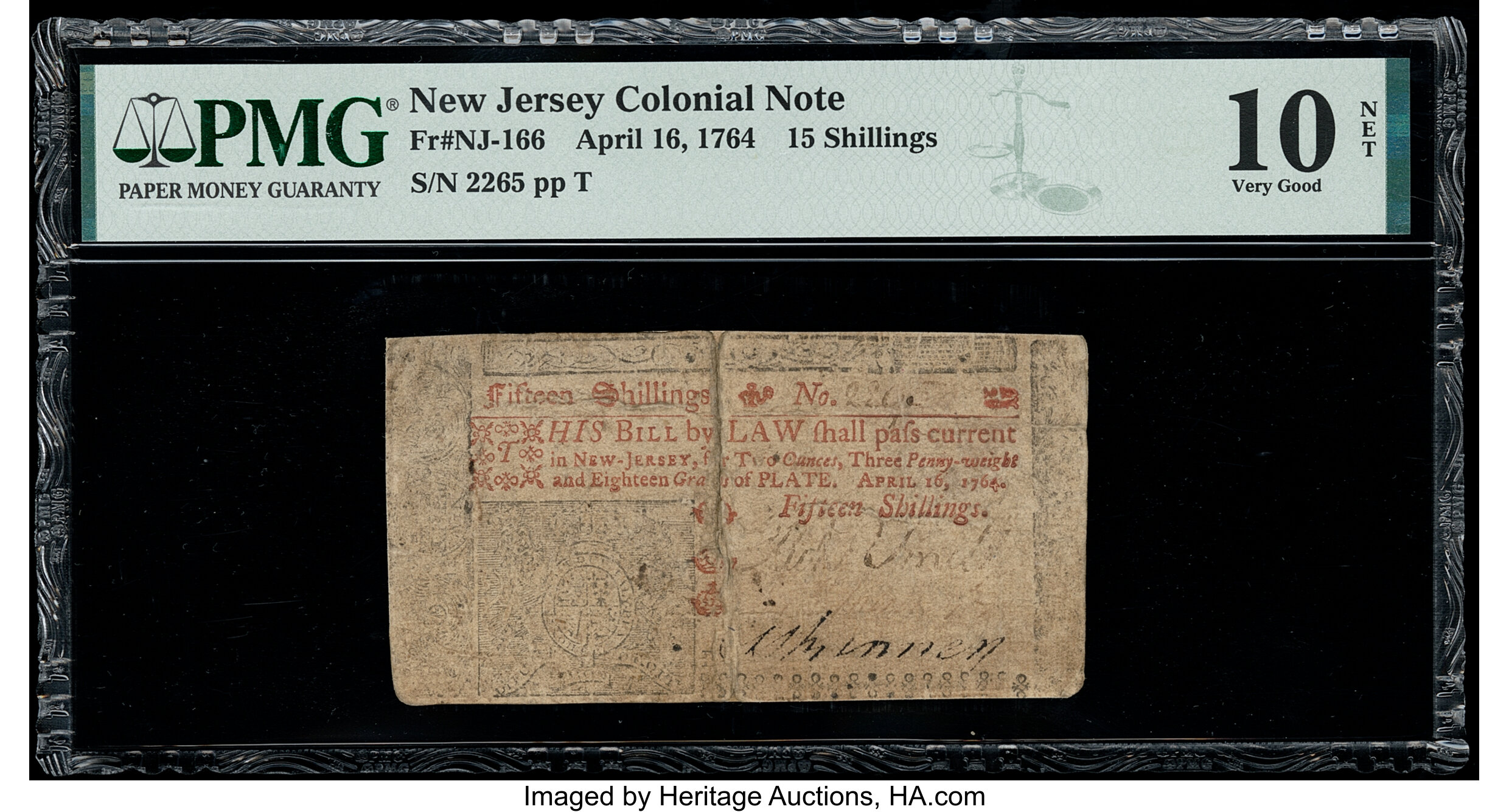 image for: New Jersey April 16, 1764 15s PMG Very Good 10 Net....