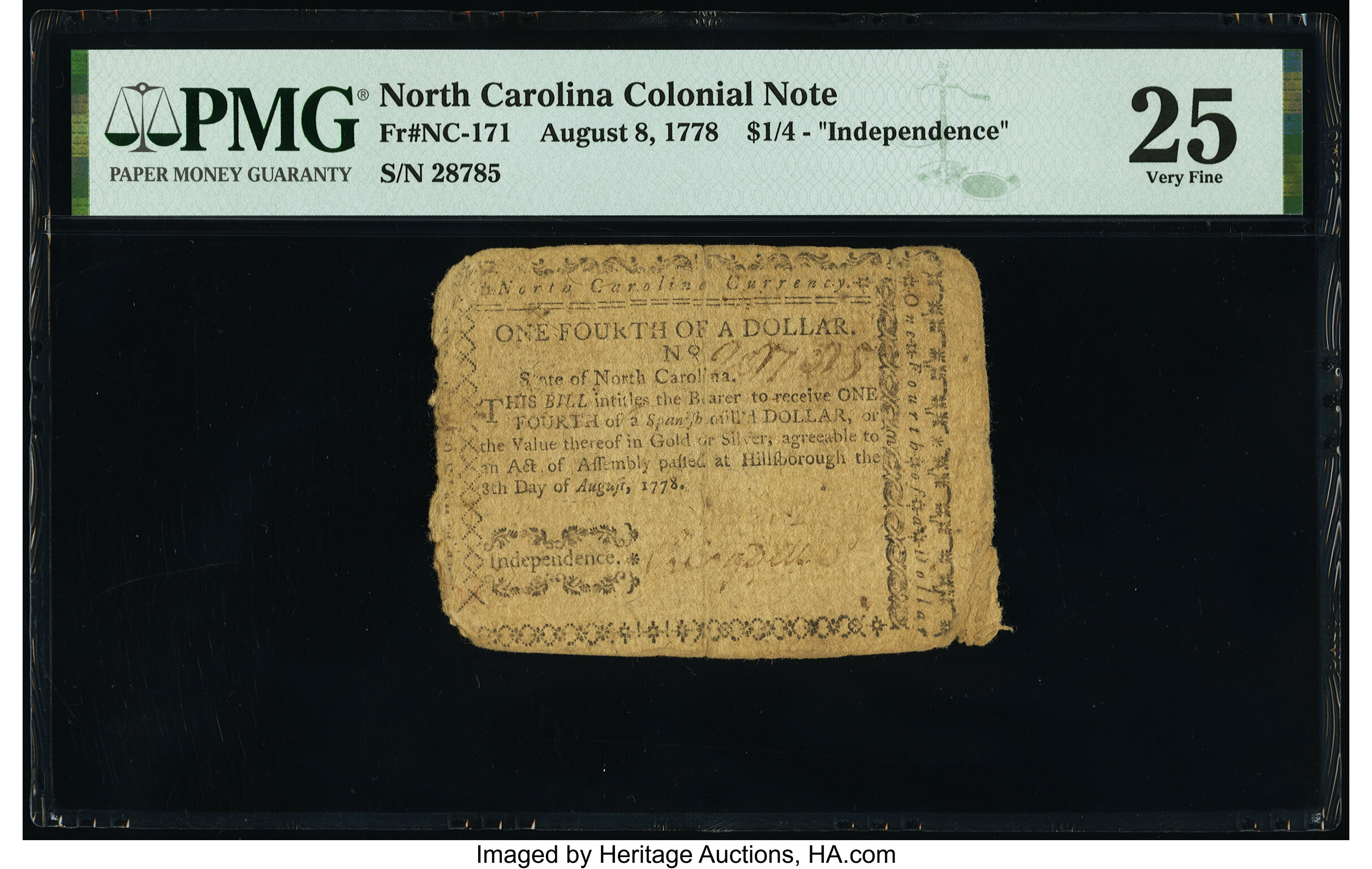 image for: North Carolina August 8, 1778 $1/4 Independence PMG Very Fine 25....