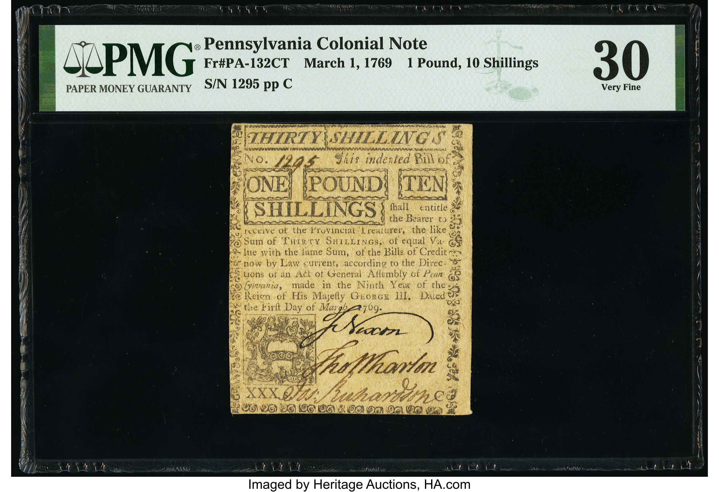 image for: Contemporary Counterfeit Pennsylvania March 1, 1769 £1 10s PMG Very Fine 30....