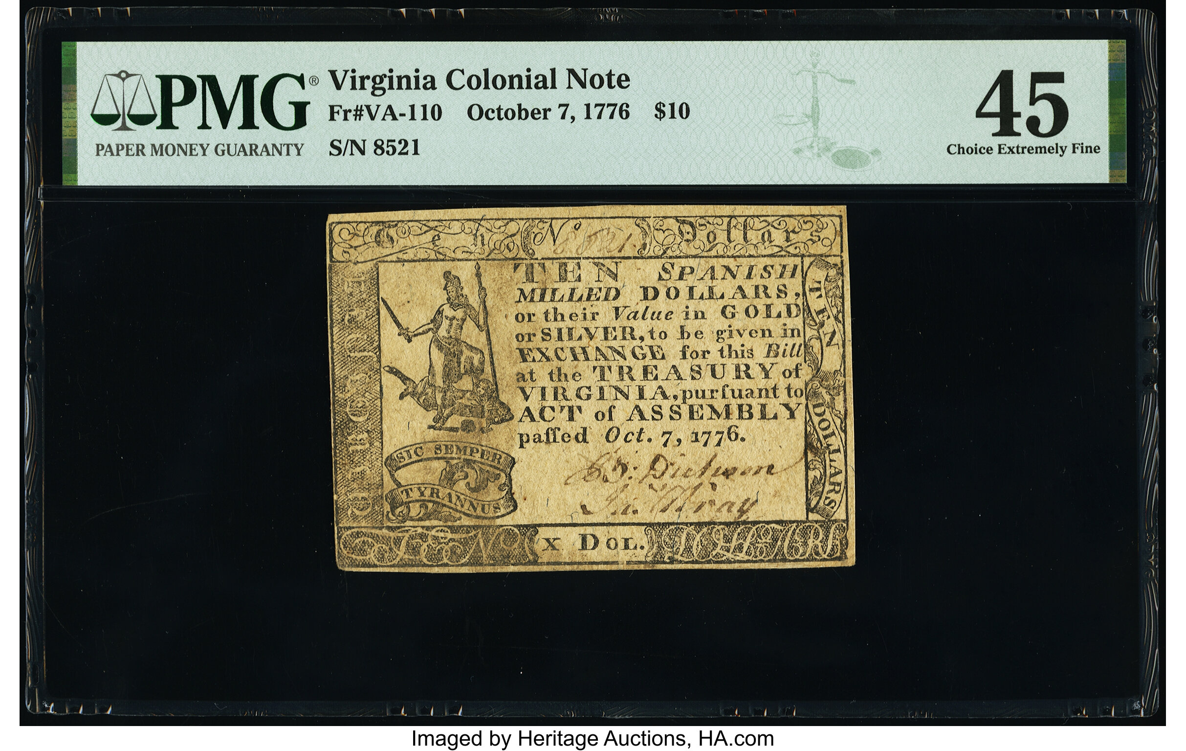 image for: Virginia October 7, 1776 $10 PMG Choice Extremely Fine 45....