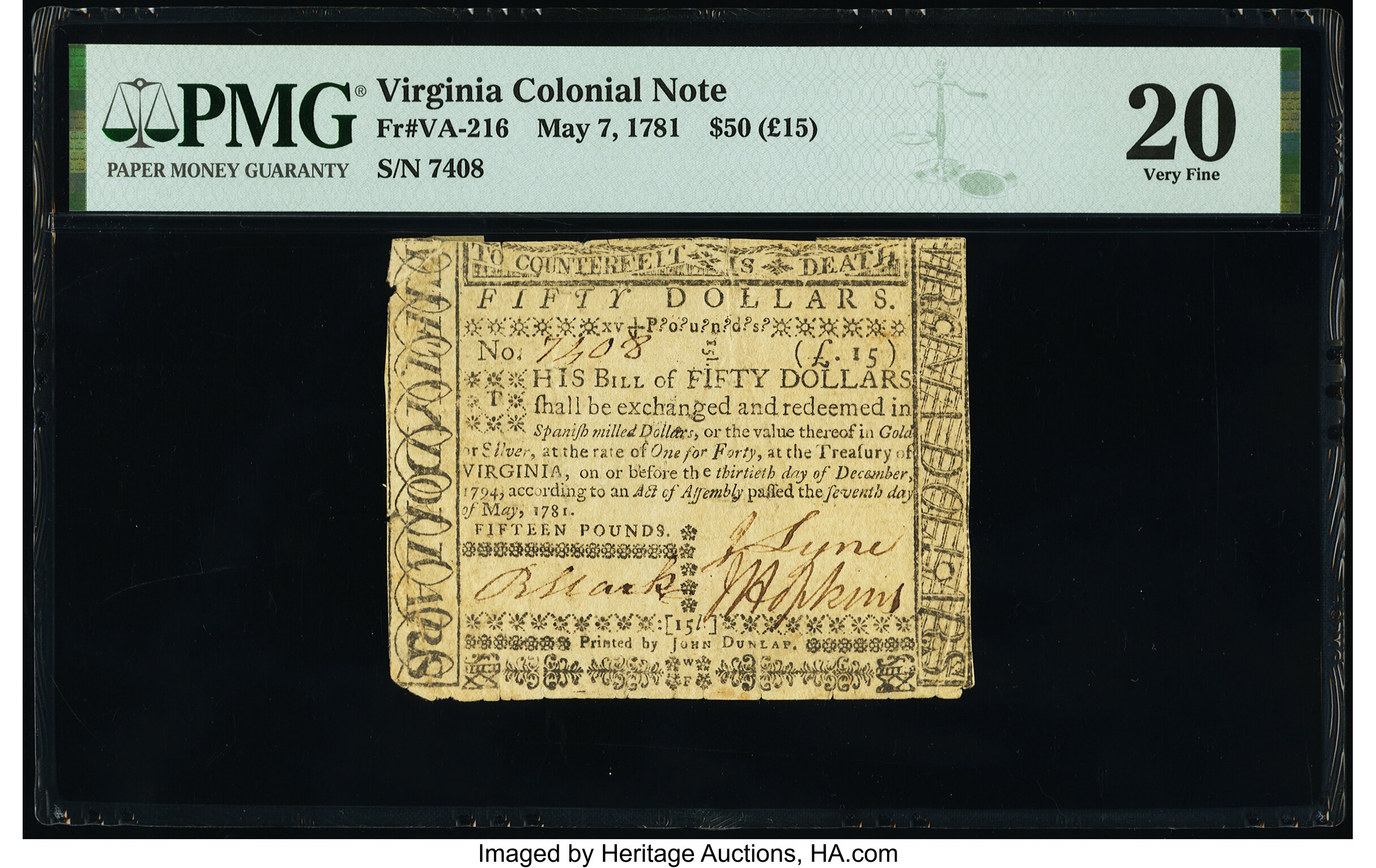 image for: Virginia May 7, 1781 $50 PMG Very Fine 20....