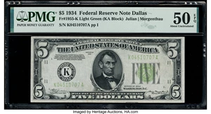 image for: Fr. 1955-K $5 1934 Federal Reserve Note. PMG About Uncirculated 50 EPQ....