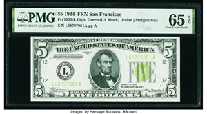 image for: Fr. 1955-L $5 1934 Federal Reserve Note. PMG Gem Uncirculated 65 EPQ....
